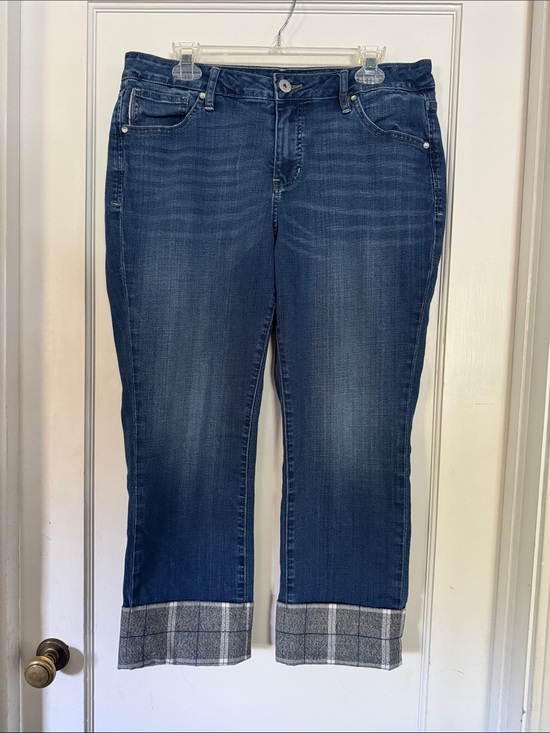 Jag Jeans Denim - Jag Jeans Dark Blue Cropped Cuffed Jeans with Plaid Trim